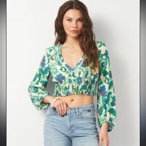 Zara Green and Blue Floral cropped blouse small